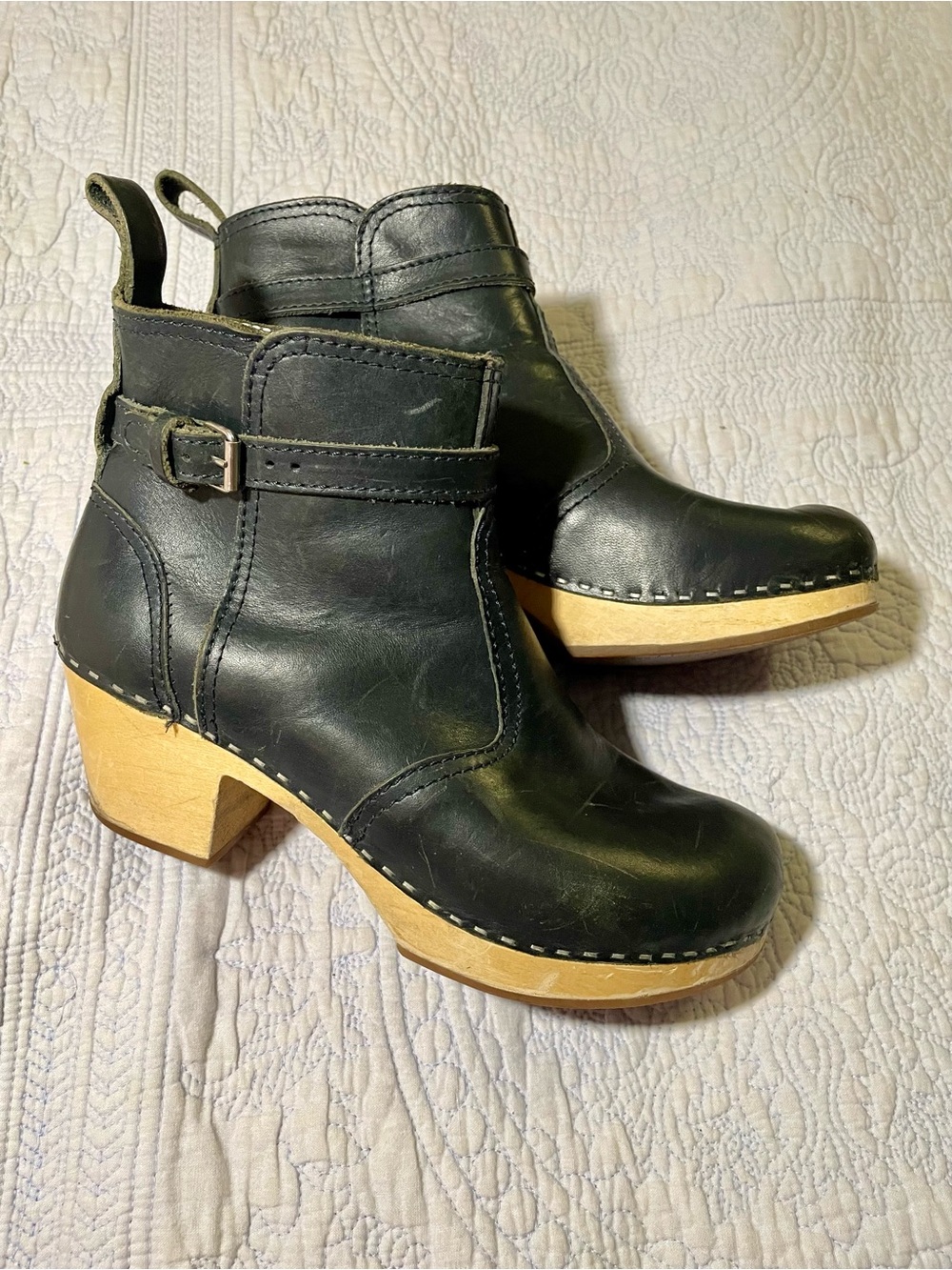 Hasbeens Navy Leather Clog Ankle Boots with Wooden Heel